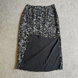 Vintage 90s Y2K Josephine Chaus Black Floral Leaves Maxi Slit Skirt Women’s 14